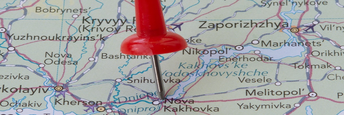 Ukraine map with the red pin showing Nova Kakhovka